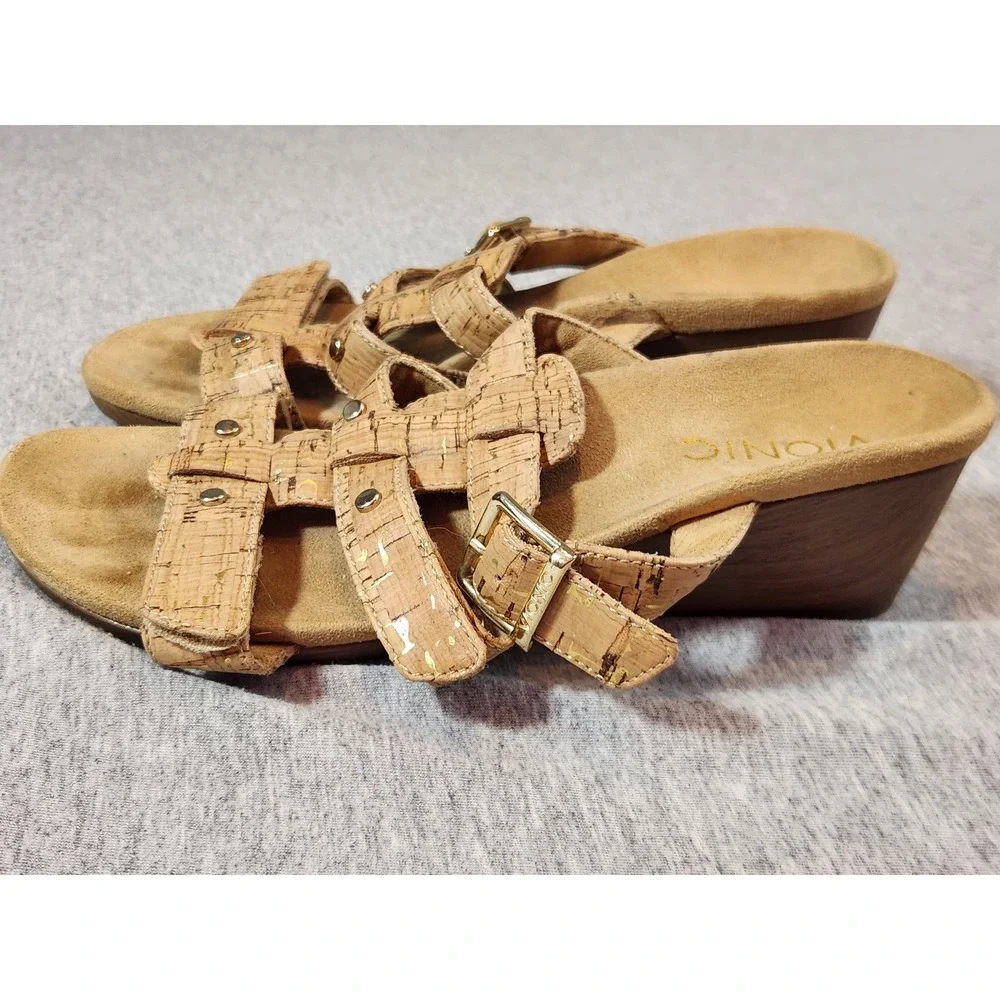 Vionic Wedge Sandals Womens 5 Tan Cork Metallic Gold Studded Strappy Slide